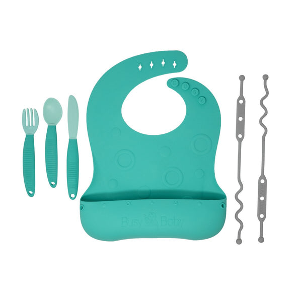 Busy Baby Bungee Bib & Utensils | Deluxe, No-Drop, On-The-Go, BLW Feeding System - The California Beach Co.